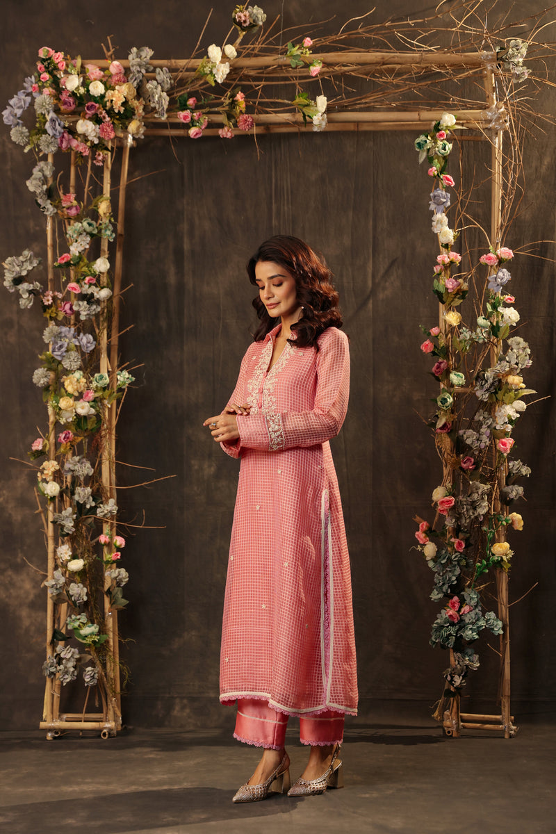 Vaayu Pink Collar Kurta Set silk chanderi , silk tencel kurta/kurta set by Niti Bothra in pink for women Worldwide