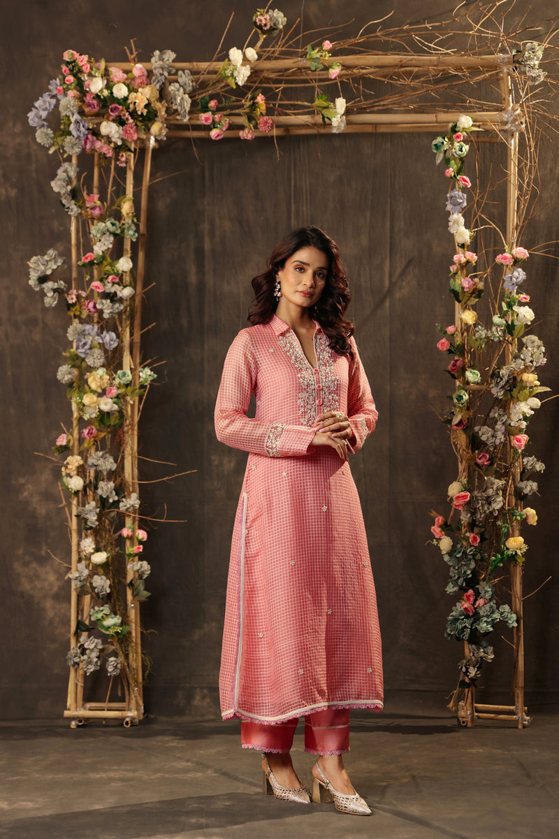 Vaayu Pink Collar Kurta Set silk chanderi , silk tencel kurta/kurta set by Niti Bothra in pink for women Worldwide