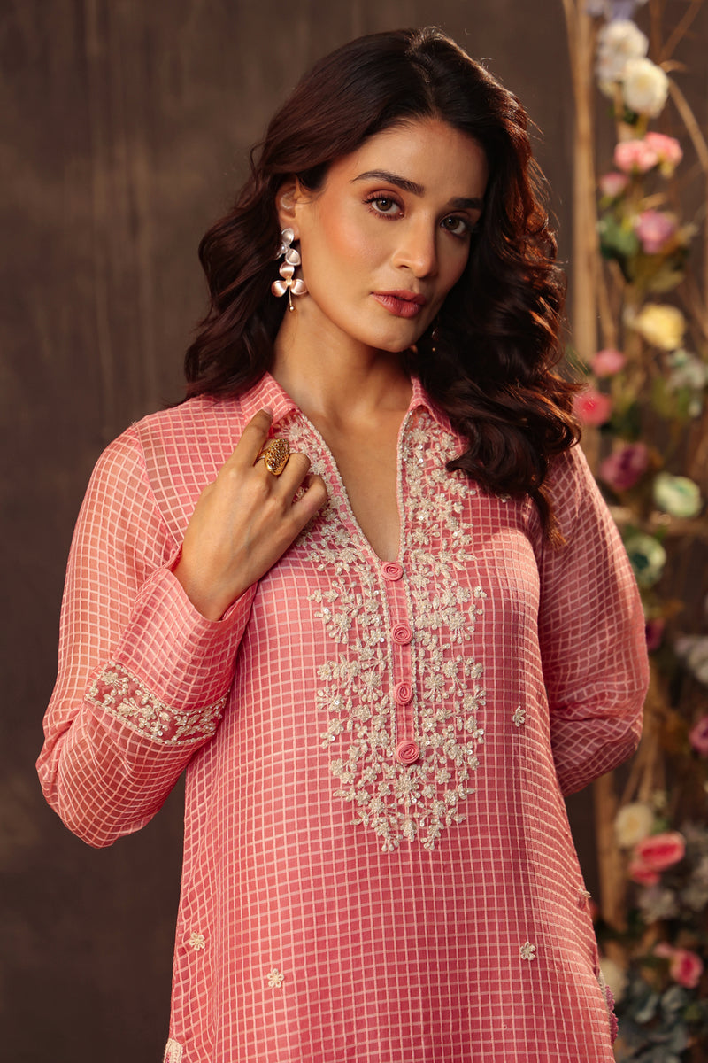 Vaayu Pink Collar Kurta Set silk chanderi , silk tencel kurta/kurta set by Niti Bothra in pink for women Worldwide