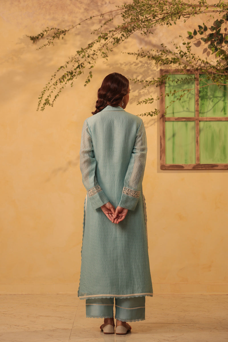 Vaayu Light Blue Collar Kurta Set silk chanderi , silk tencel kurta/kurta set by Niti Bothra in light blue for women Worldwide