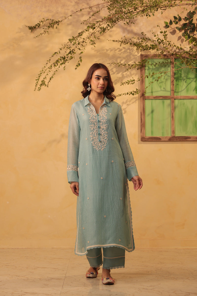 Vaayu Light Blue Collar Kurta Set silk chanderi , silk tencel kurta/kurta set by Niti Bothra in light blue for women Worldwide