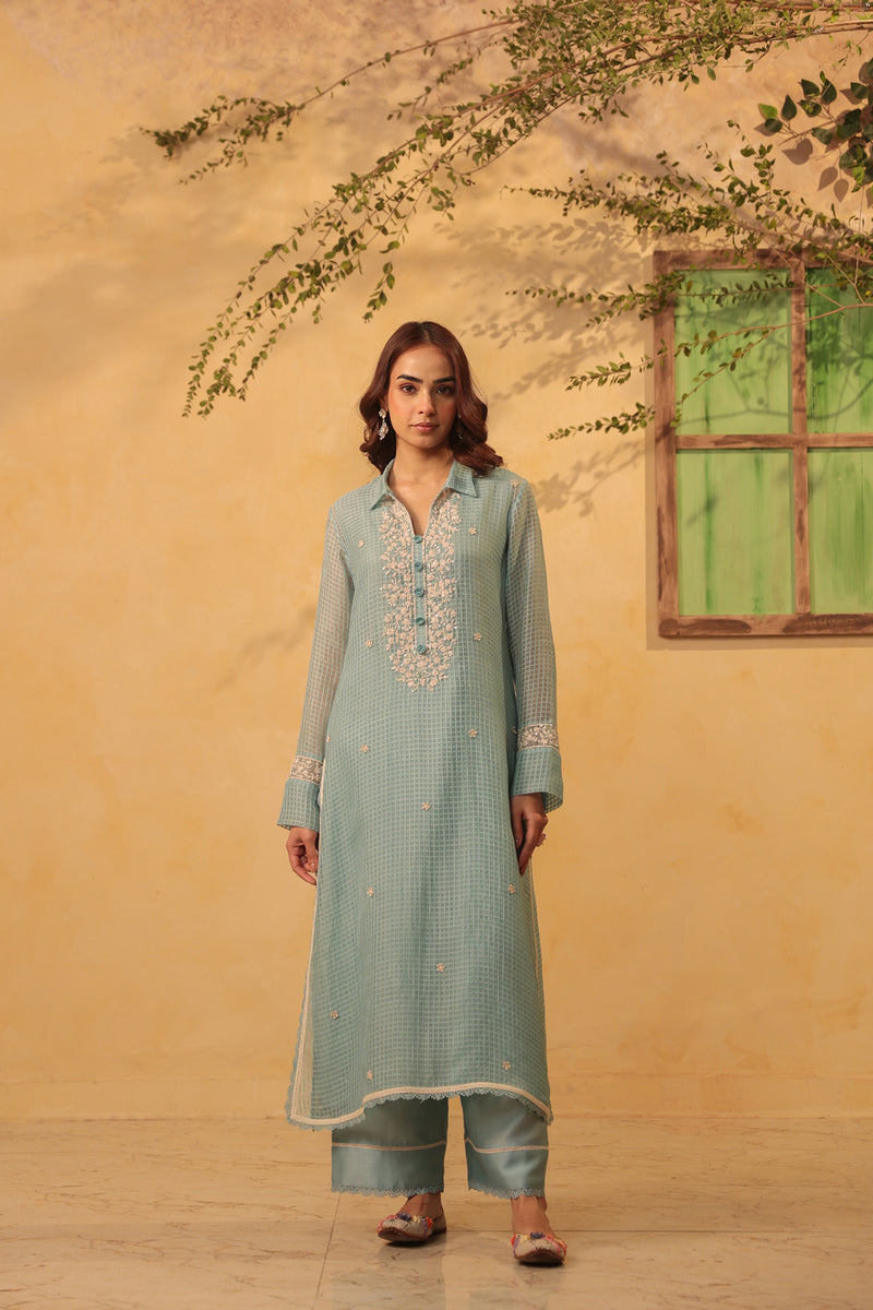 Vaayu Light Blue Collar Kurta Set silk chanderi , silk tencel kurta/kurta set by Niti Bothra in light blue for women Worldwide