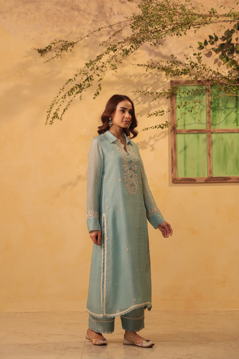 Vaayu Light Blue Collar Kurta Set silk chanderi , silk tencel kurta/kurta set by Niti Bothra in light blue for women Worldwide