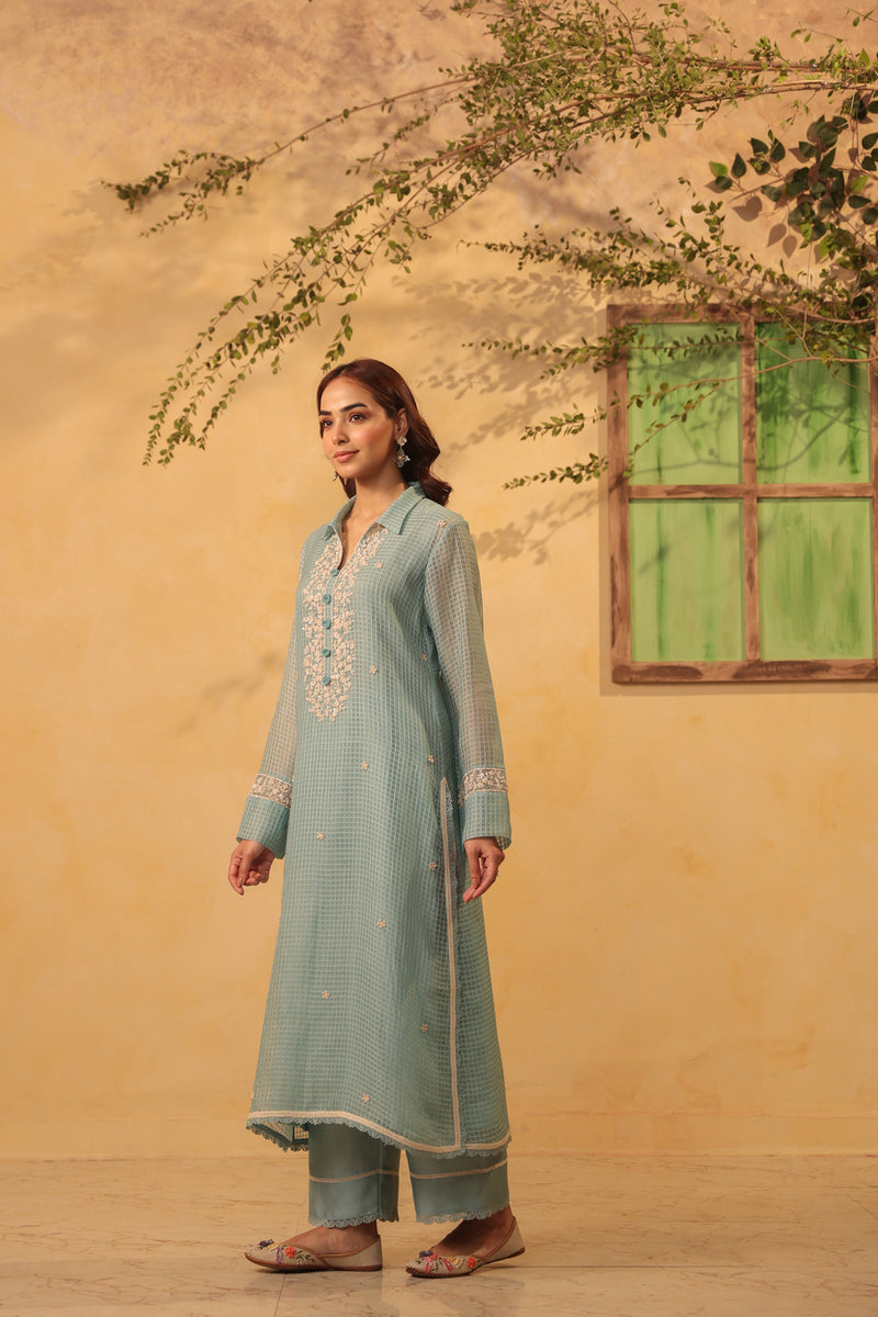 Vaayu Light Blue Collar Kurta Set silk chanderi , silk tencel kurta/kurta set by Niti Bothra in light blue for women Worldwide