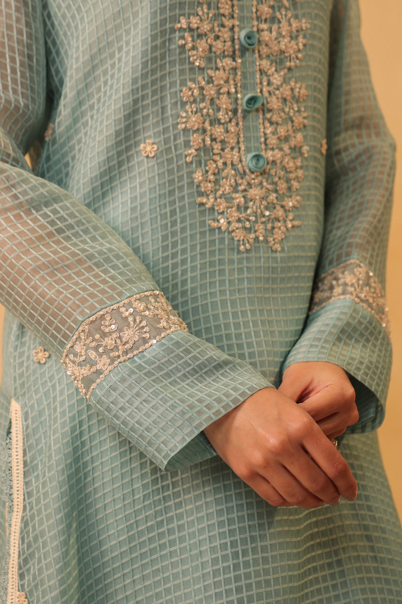 Vaayu Light Blue Collar Kurta Set silk chanderi , silk tencel kurta/kurta set by Niti Bothra in light blue for women Worldwide