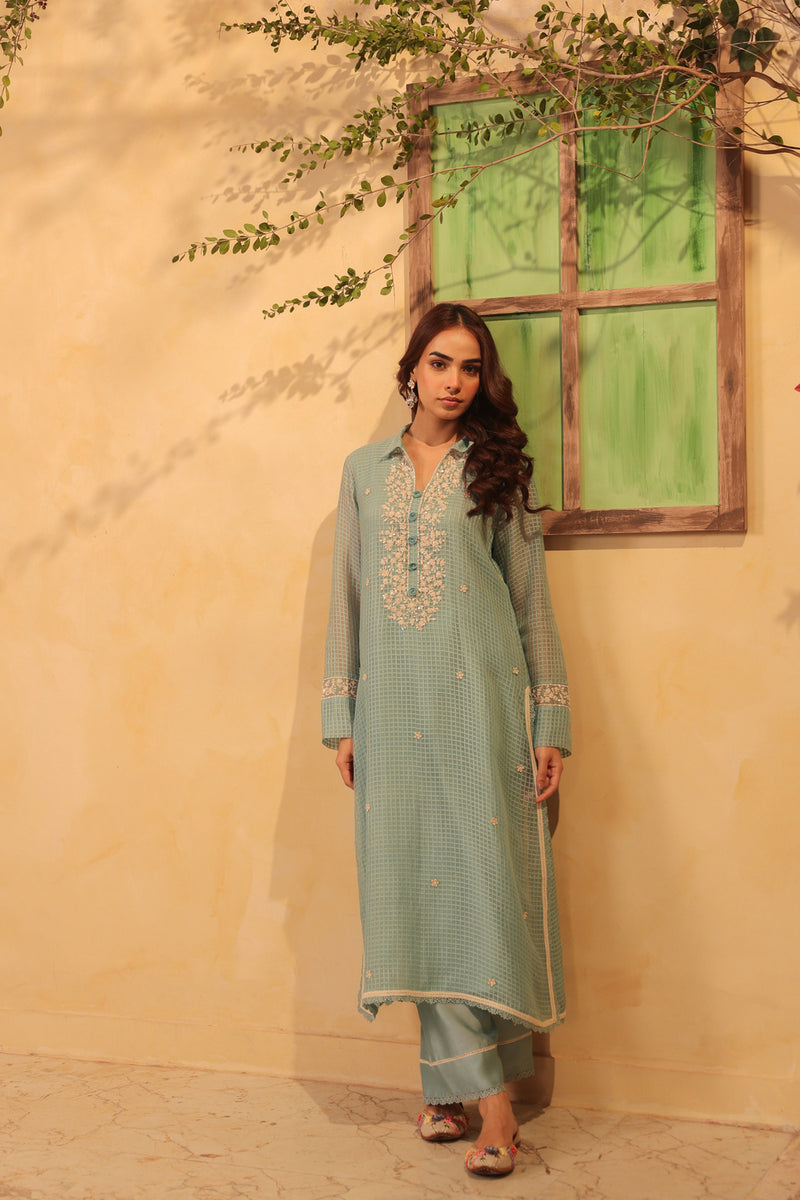 Vaayu Light Blue Collar Kurta Set silk chanderi , silk tencel kurta/kurta set by Niti Bothra in light blue for women Worldwide
