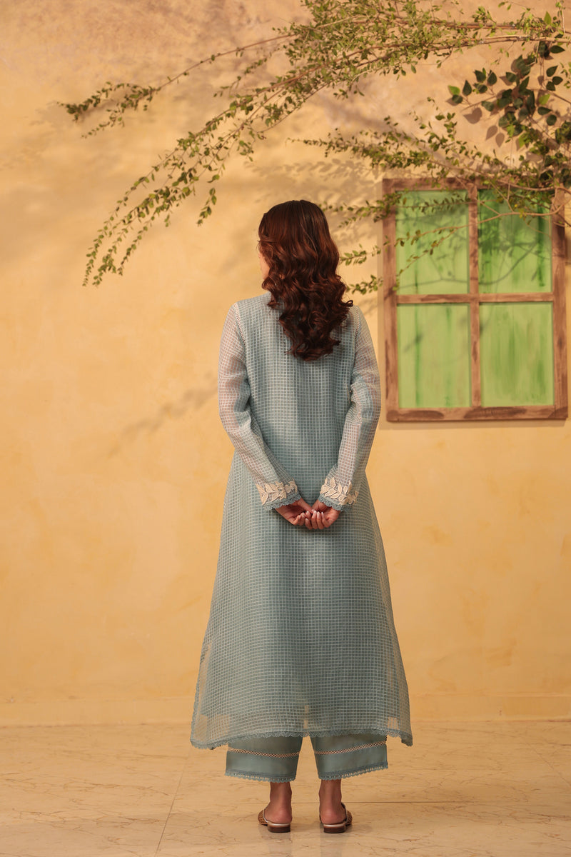 Vaayu Light Blue Collar Kurta Set silk chanderi , silk tencel kurta/kurta set by Niti Bothra in light blue for women Worldwide