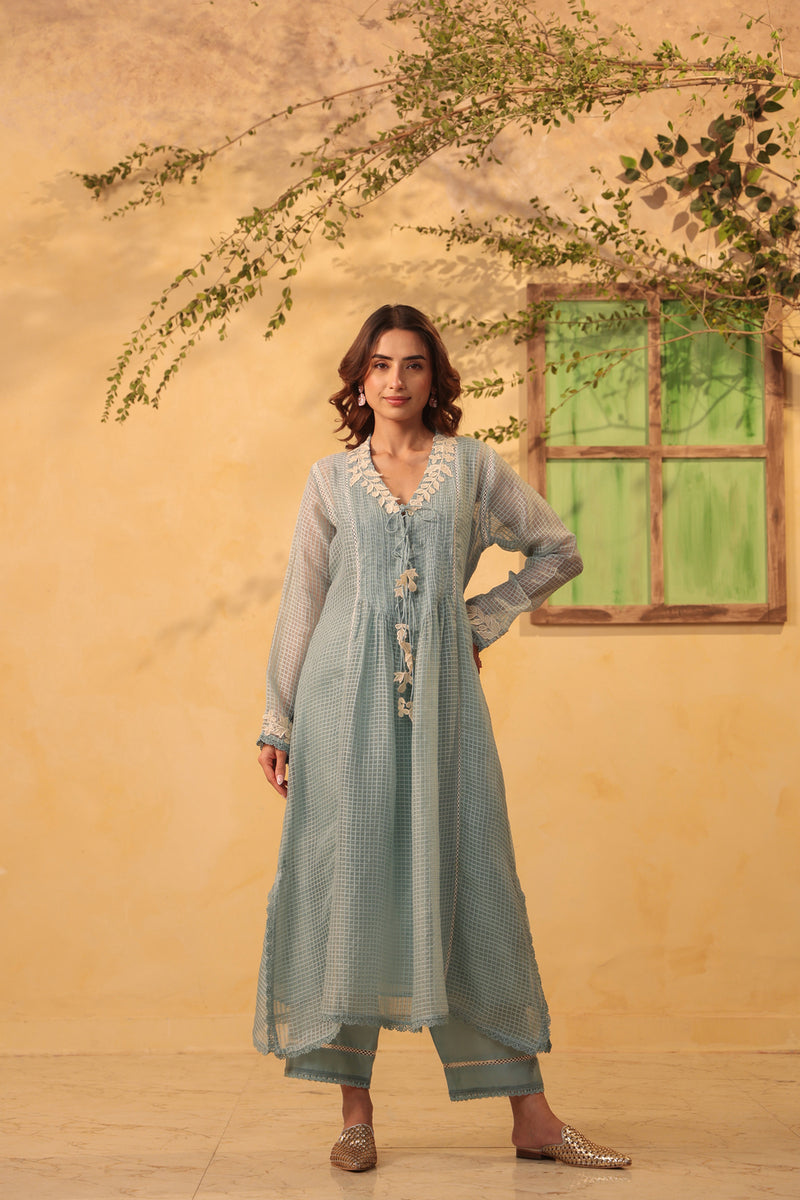Vaayu Light Blue Tie-up Kurta Set silk chanderi , silk tencel kurta/kurta set by Niti Bothra in light blue for women Worldwide