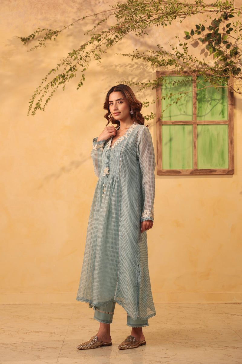 Vaayu Light Blue Tie-up Kurta Set silk chanderi , silk tencel kurta/kurta set by Niti Bothra in light blue for women Worldwide