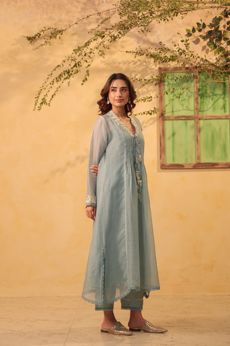 Vaayu Light Blue Tie-up Kurta Set silk chanderi , silk tencel kurta/kurta set by Niti Bothra in light blue for women Worldwide