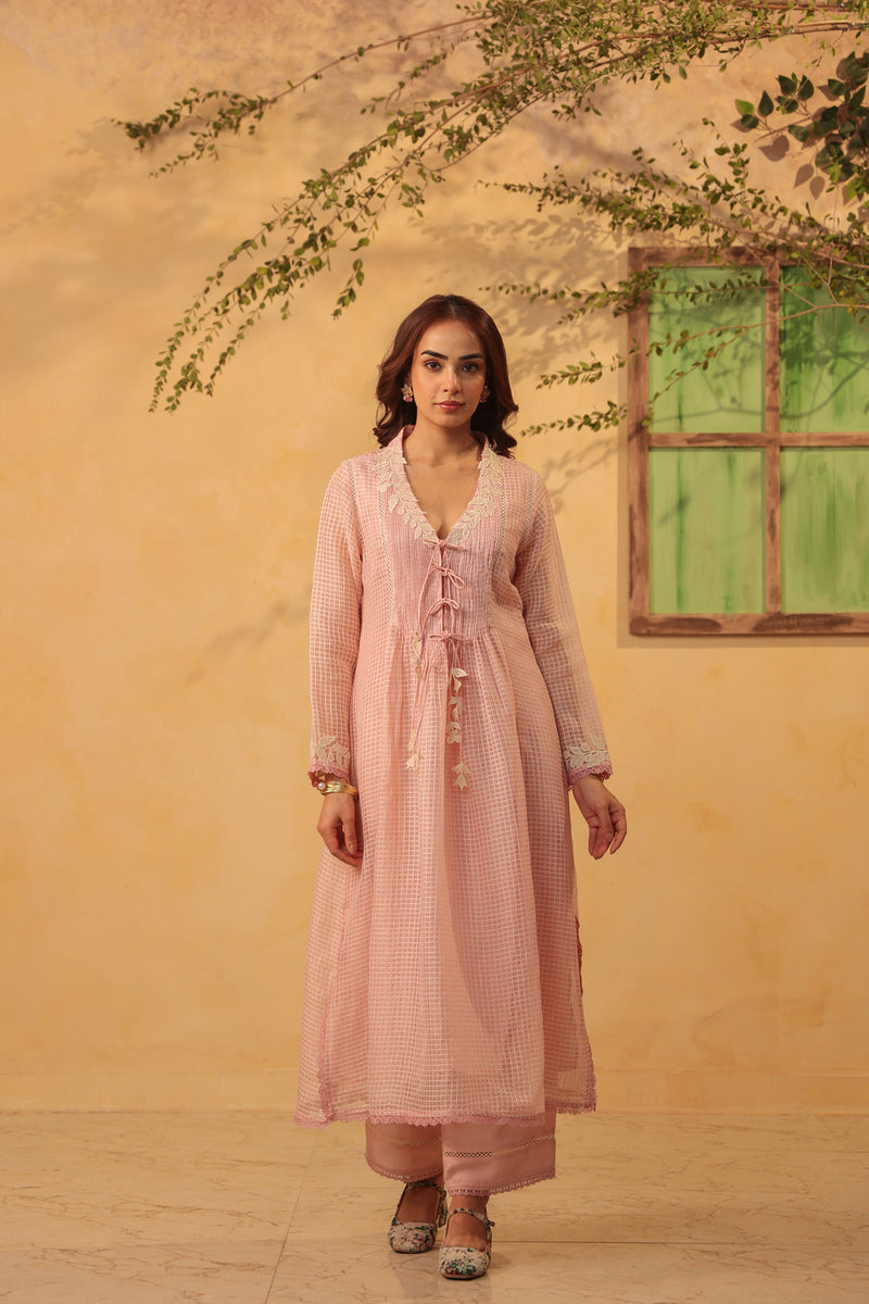 Vaayu Light Pink Tie-up Kurta Set silk chanderi , silk tencel kurta/kurta set by Niti Bothra in light pink for women Worldwide