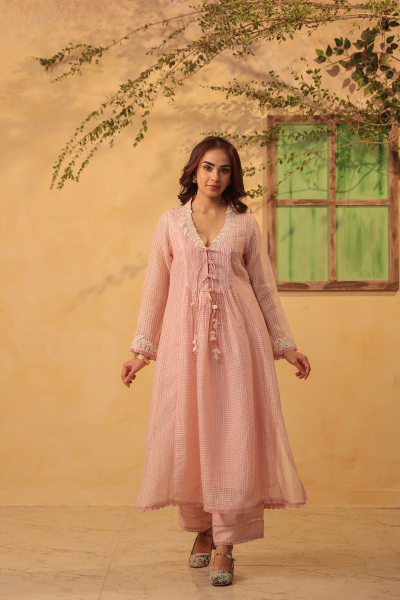 Vaayu Light Pink Tie-up Kurta Set silk chanderi , silk tencel kurta/kurta set by Niti Bothra in light pink for women Worldwide