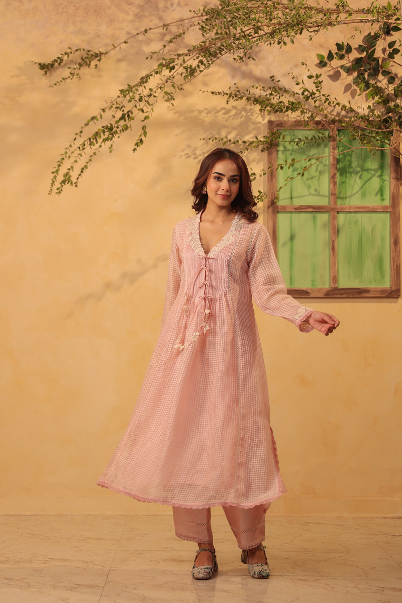 Vaayu Light Pink Tie-up Kurta Set silk chanderi , silk tencel kurta/kurta set by Niti Bothra in light pink for women Worldwide