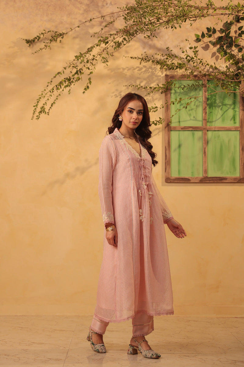 Vaayu Light Pink Tie-up Kurta Set silk chanderi , silk tencel kurta/kurta set by Niti Bothra in light pink for women Worldwide