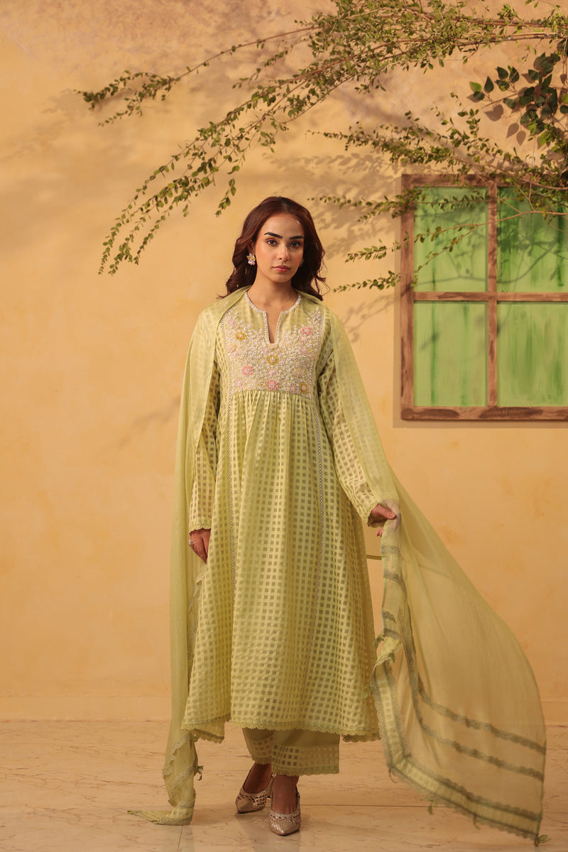 Vaayu Green Panelled Kalidar Set silk chanderi , silk tencel kurta/kurta set by Niti Bothra in green for women Worldwide