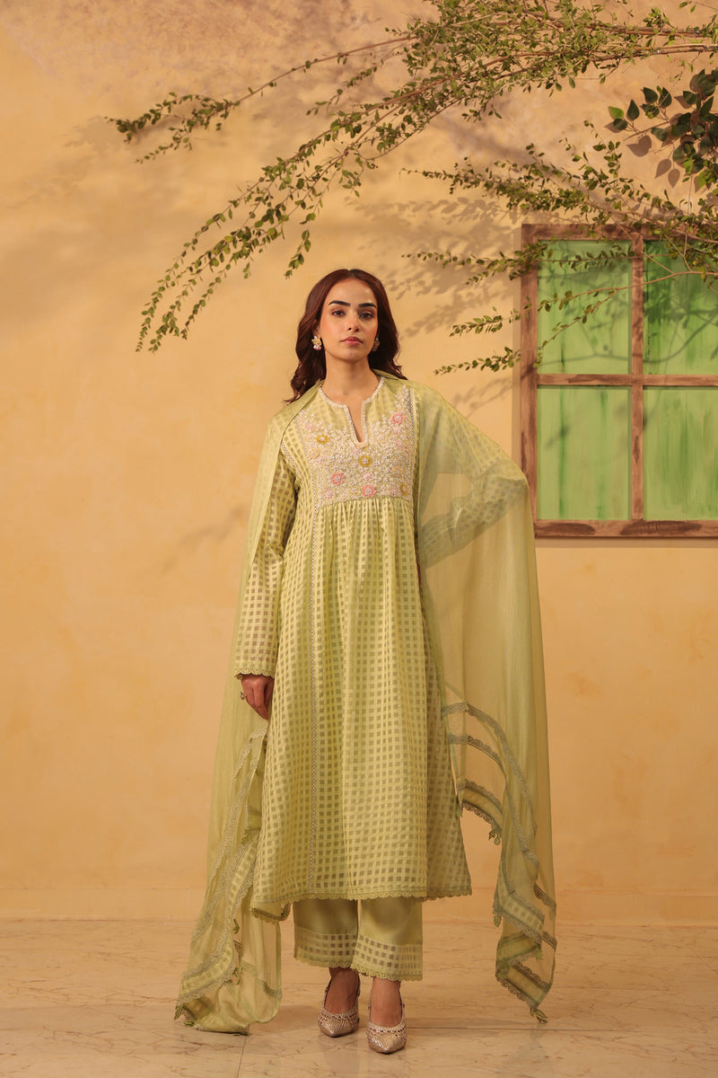 Vaayu Green Panelled Kalidar Set silk chanderi , silk tencel kurta/kurta set by Niti Bothra in green for women Worldwide