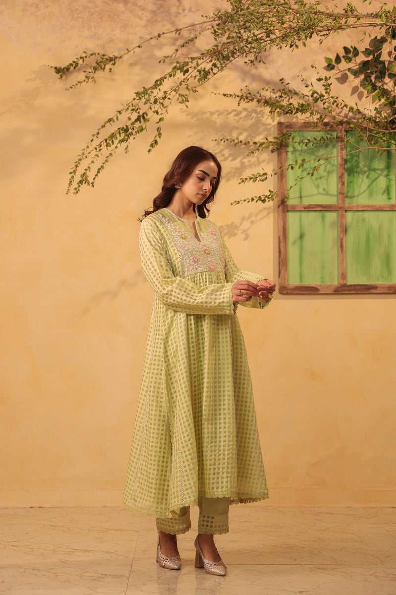 Vaayu Green Panelled Kalidar Set silk chanderi , silk tencel kurta/kurta set by Niti Bothra in green for women Worldwide