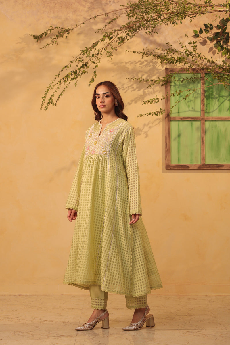Vaayu Green Panelled Kalidar Set silk chanderi , silk tencel kurta/kurta set by Niti Bothra in green for women Worldwide