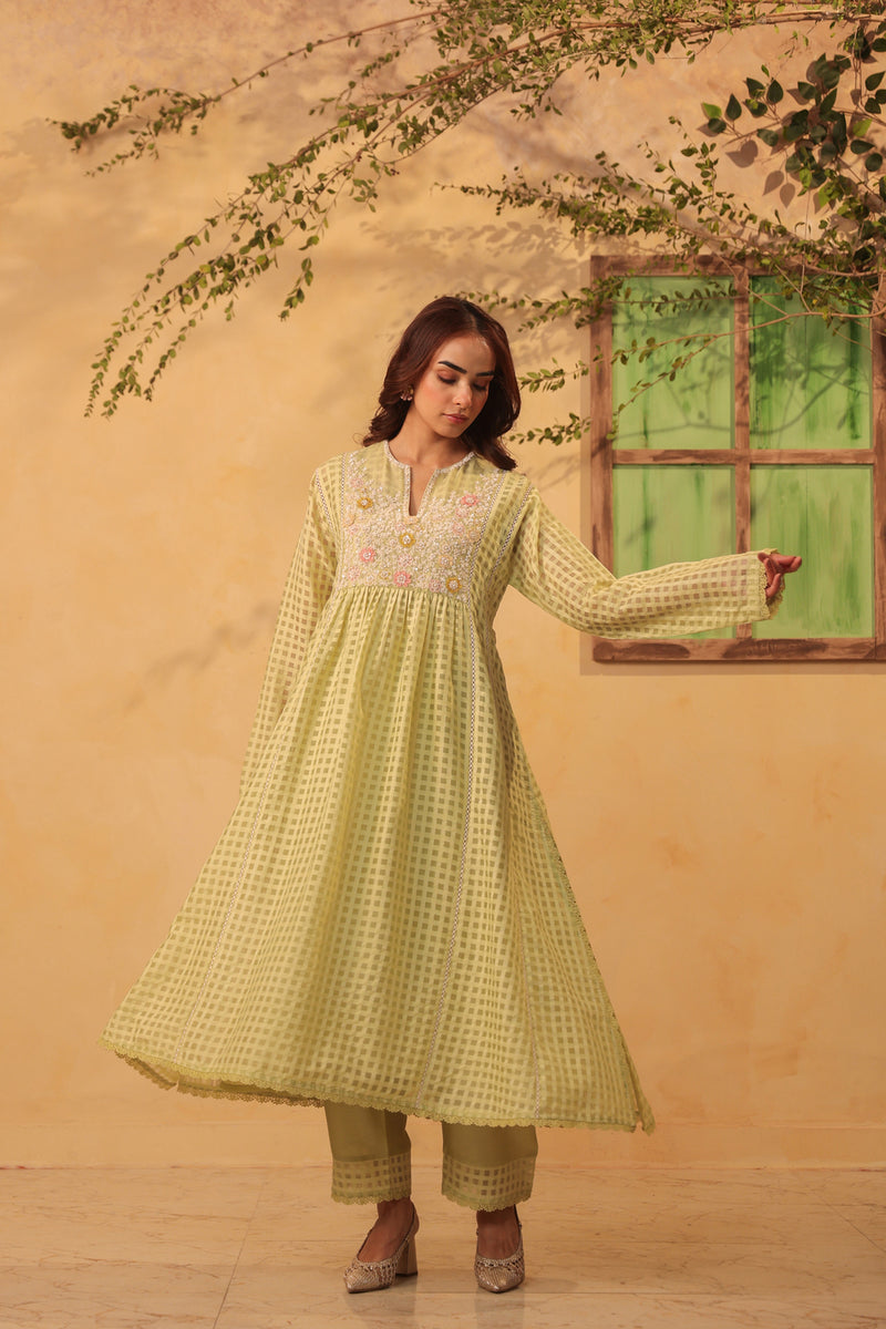 Vaayu Green Panelled Kalidar Set silk chanderi , silk tencel kurta/kurta set by Niti Bothra in green for women Worldwide
