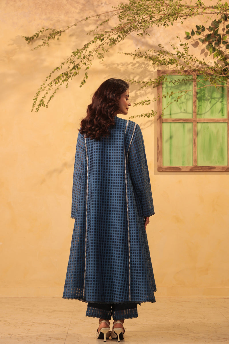 Vaayu Dark Blue Panelled Kalidar Set silk chanderi , silk tencel kurta/kurta set by Niti Bothra in dark blue for women Worldwide