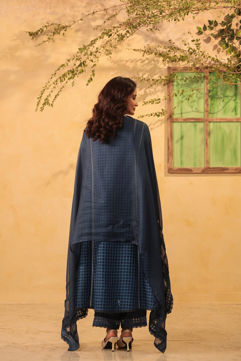 Vaayu Dark Blue Panelled Kalidar Set silk chanderi , silk tencel kurta/kurta set by Niti Bothra in dark blue for women Worldwide