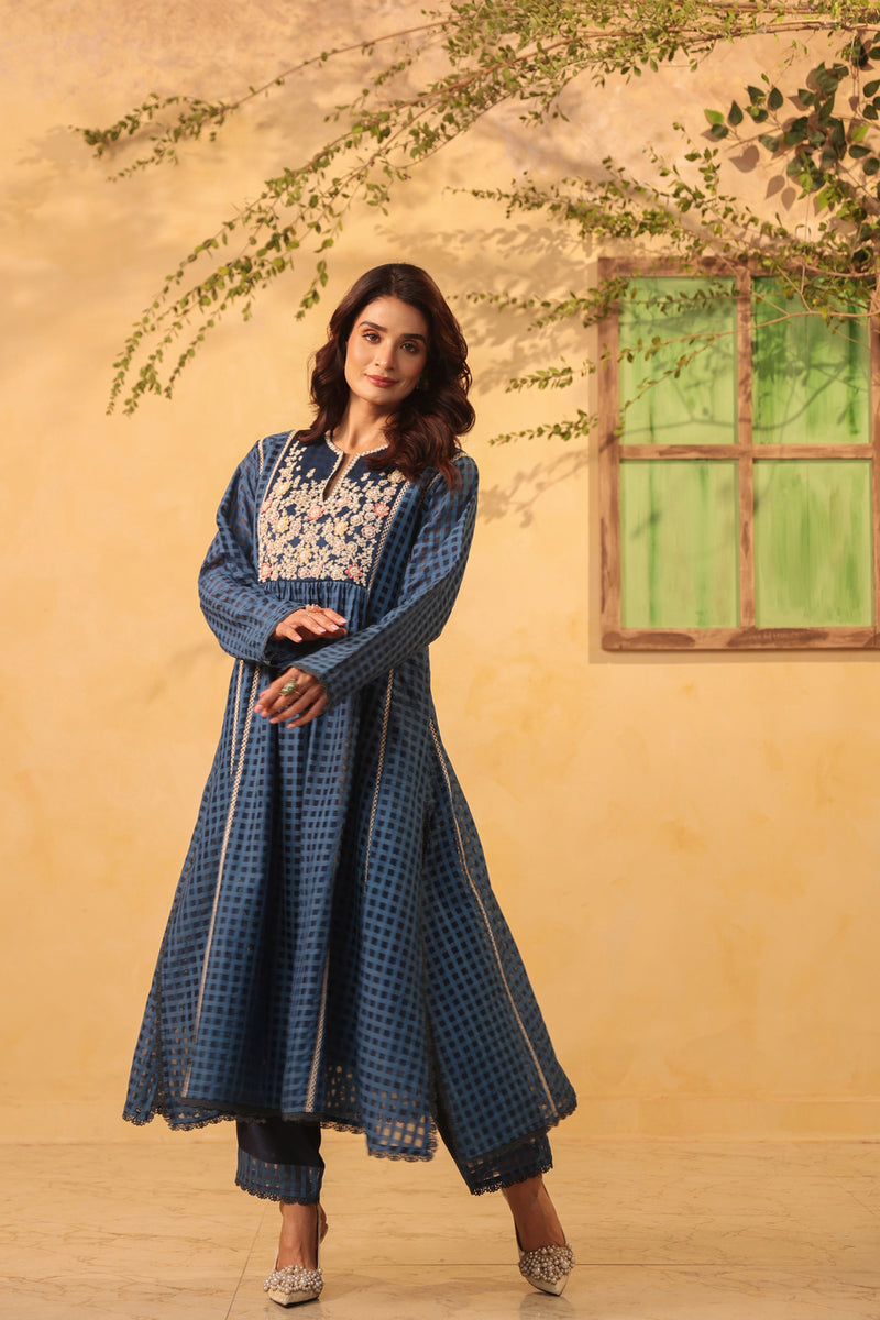 Vaayu Dark Blue Panelled Kalidar Set silk chanderi , silk tencel kurta/kurta set by Niti Bothra in dark blue for women Worldwide