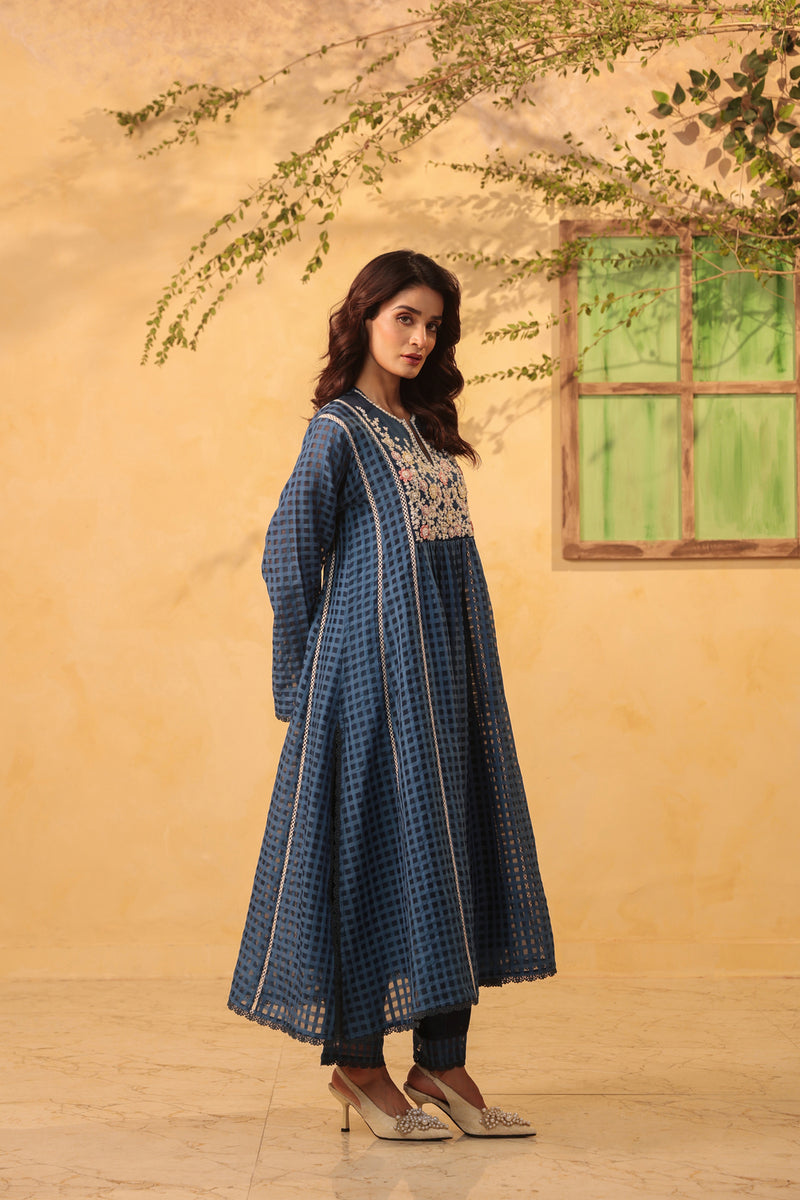 Vaayu Dark Blue Panelled Kalidar Set silk chanderi , silk tencel kurta/kurta set by Niti Bothra in dark blue for women Worldwide