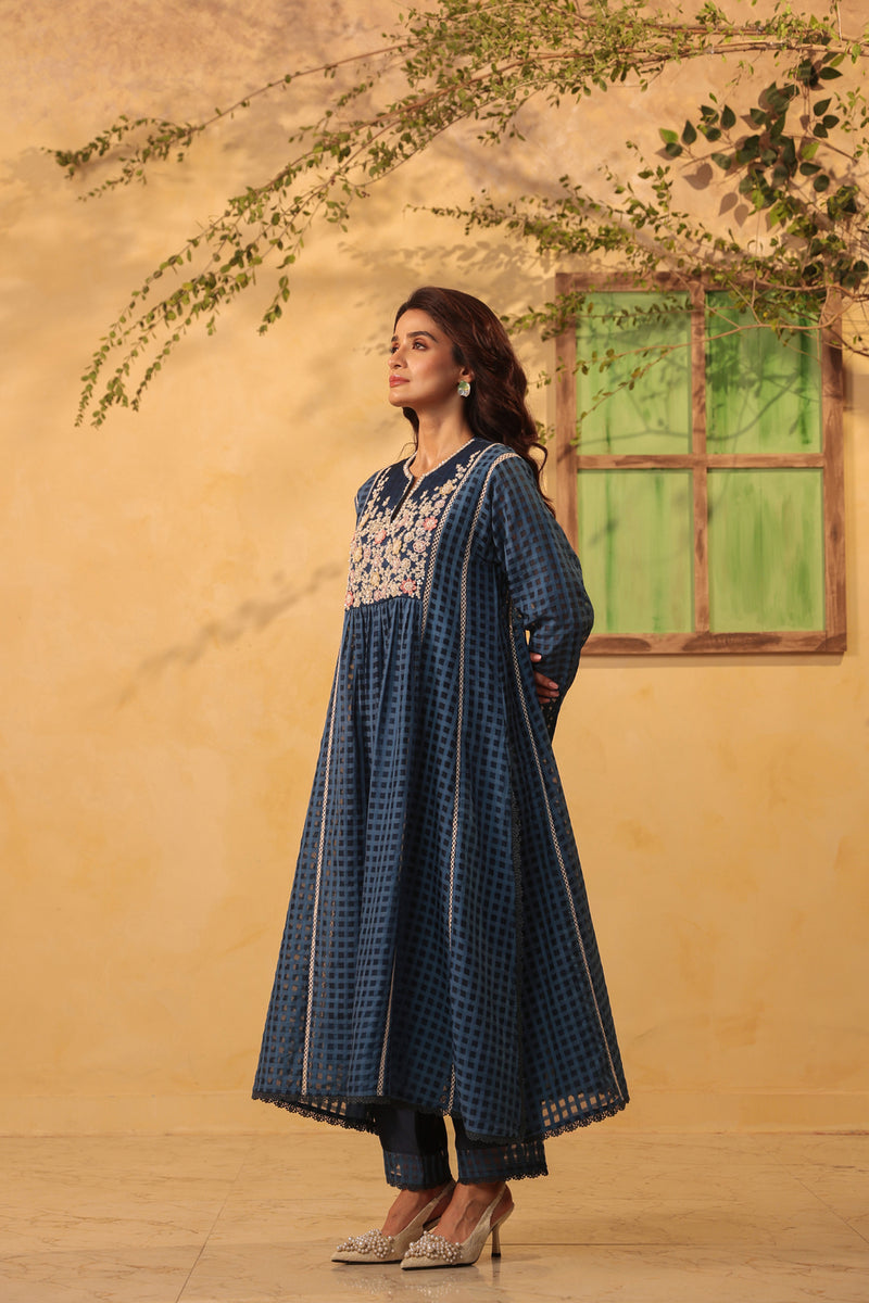Vaayu Dark Blue Panelled Kalidar Set silk chanderi , silk tencel kurta/kurta set by Niti Bothra in dark blue for women Worldwide