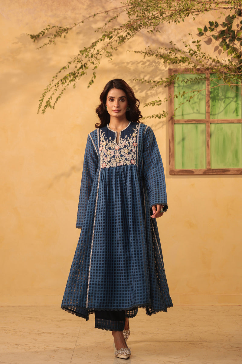 Vaayu Dark Blue Panelled Kalidar Set silk chanderi , silk tencel kurta/kurta set by Niti Bothra in dark blue for women Worldwide