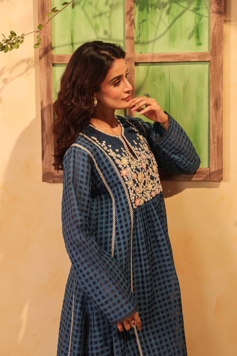 Vaayu Dark Blue Panelled Kalidar Set silk chanderi , silk tencel kurta/kurta set by Niti Bothra in dark blue for women Worldwide