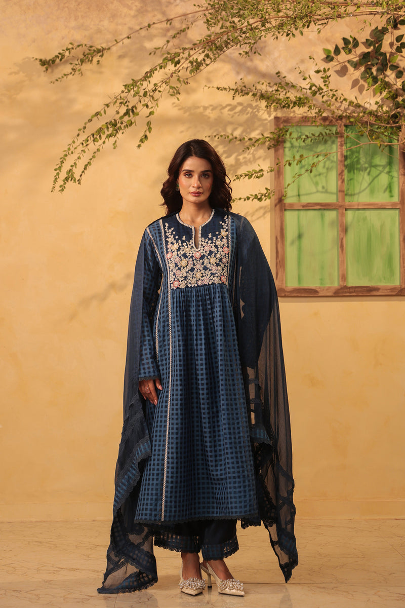 Vaayu Dark Blue Panelled Kalidar Set silk chanderi , silk tencel kurta/kurta set by Niti Bothra in dark blue for women Worldwide