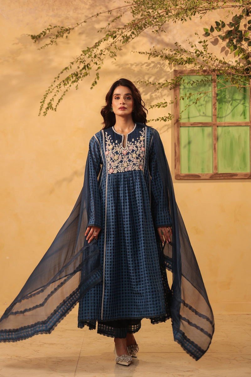 Vaayu Dark Blue Panelled Kalidar Set silk chanderi , silk tencel kurta/kurta set by Niti Bothra in dark blue for women Worldwide