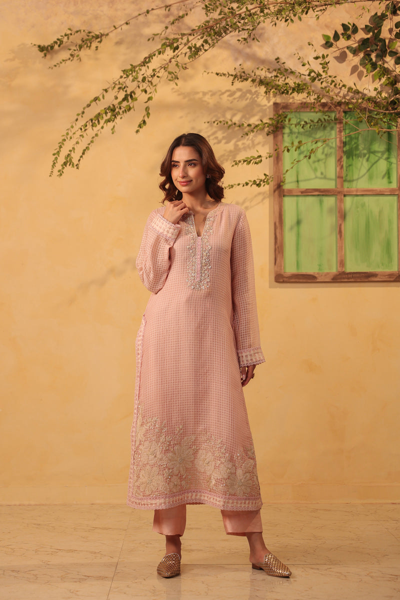 Vaayu Light Pink Straight Long Kurta Set silk chanderi , silk tencel kurta/kurta set by Niti Bothra in light pink for women Worldwide