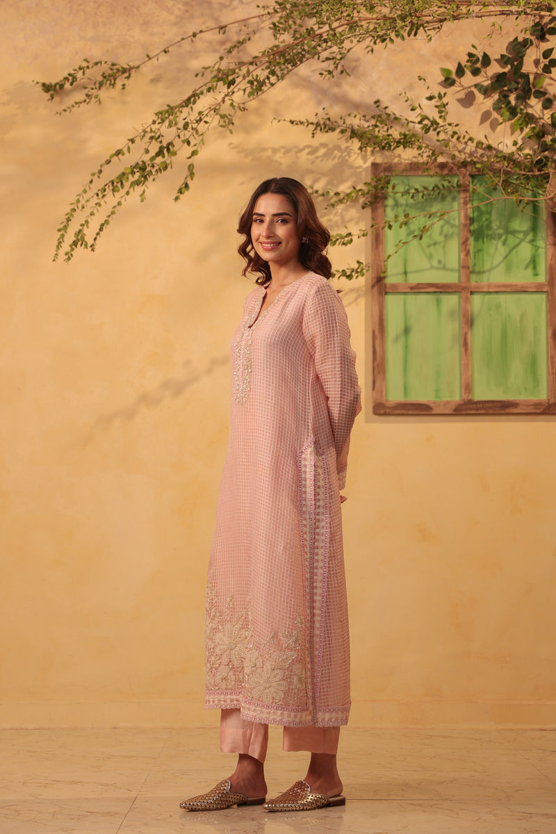 Vaayu Light Pink Straight Long Kurta Set silk chanderi , silk tencel kurta/kurta set by Niti Bothra in light pink for women Worldwide