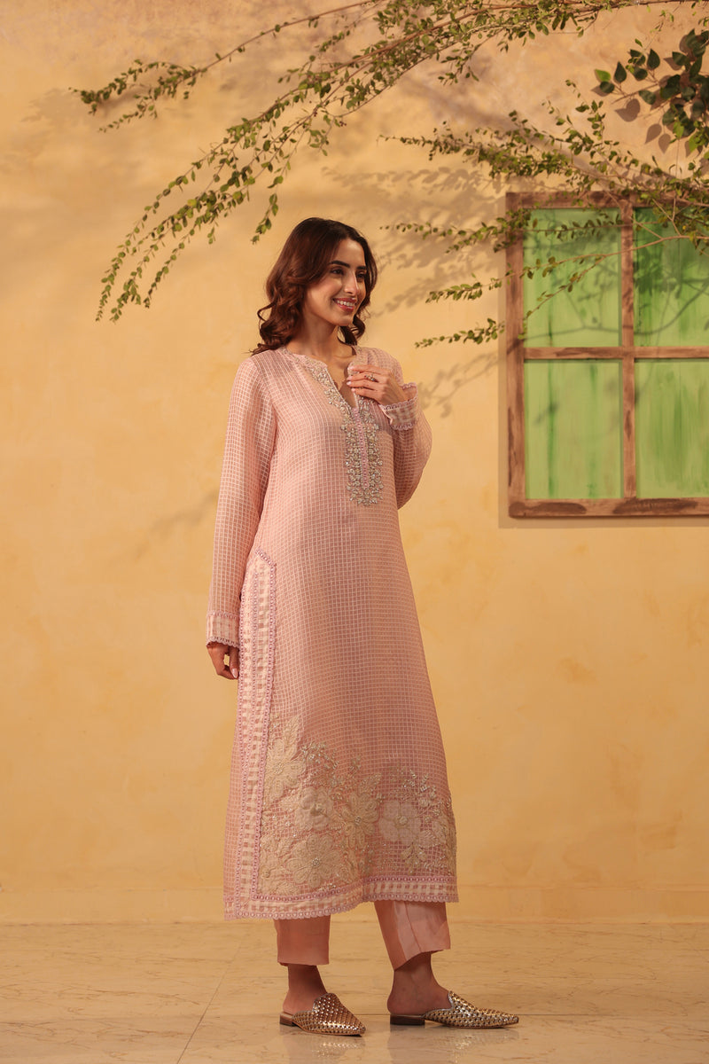 Vaayu Light Pink Straight Long Kurta Set silk chanderi , silk tencel kurta/kurta set by Niti Bothra in light pink for women Worldwide