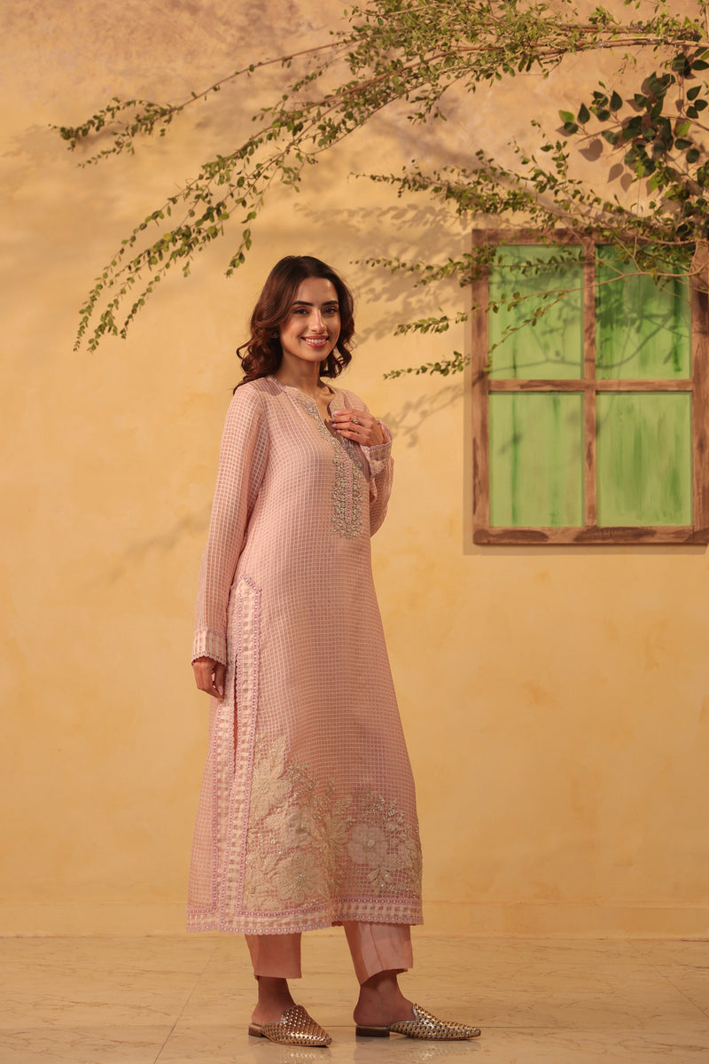 Vaayu Light Pink Straight Long Kurta Set silk chanderi , silk tencel kurta/kurta set by Niti Bothra in light pink for women Worldwide