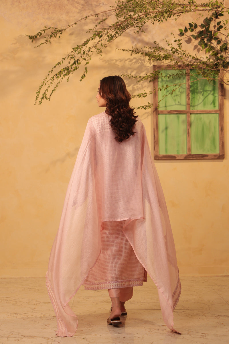 Vaayu Light Pink Straight Long Kurta Set silk chanderi , silk tencel kurta/kurta set by Niti Bothra in light pink for women Worldwide