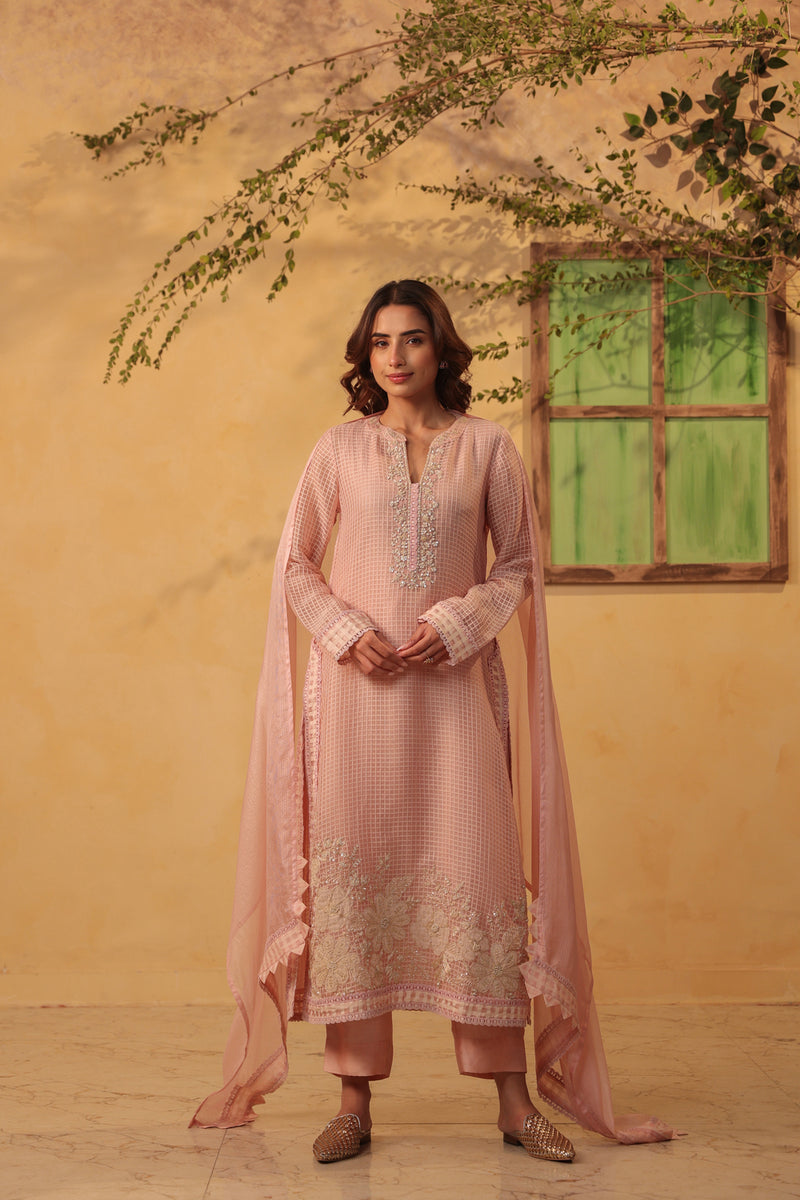 Vaayu Light Pink Straight Long Kurta Set silk chanderi , silk tencel kurta/kurta set by Niti Bothra in light pink for women Worldwide