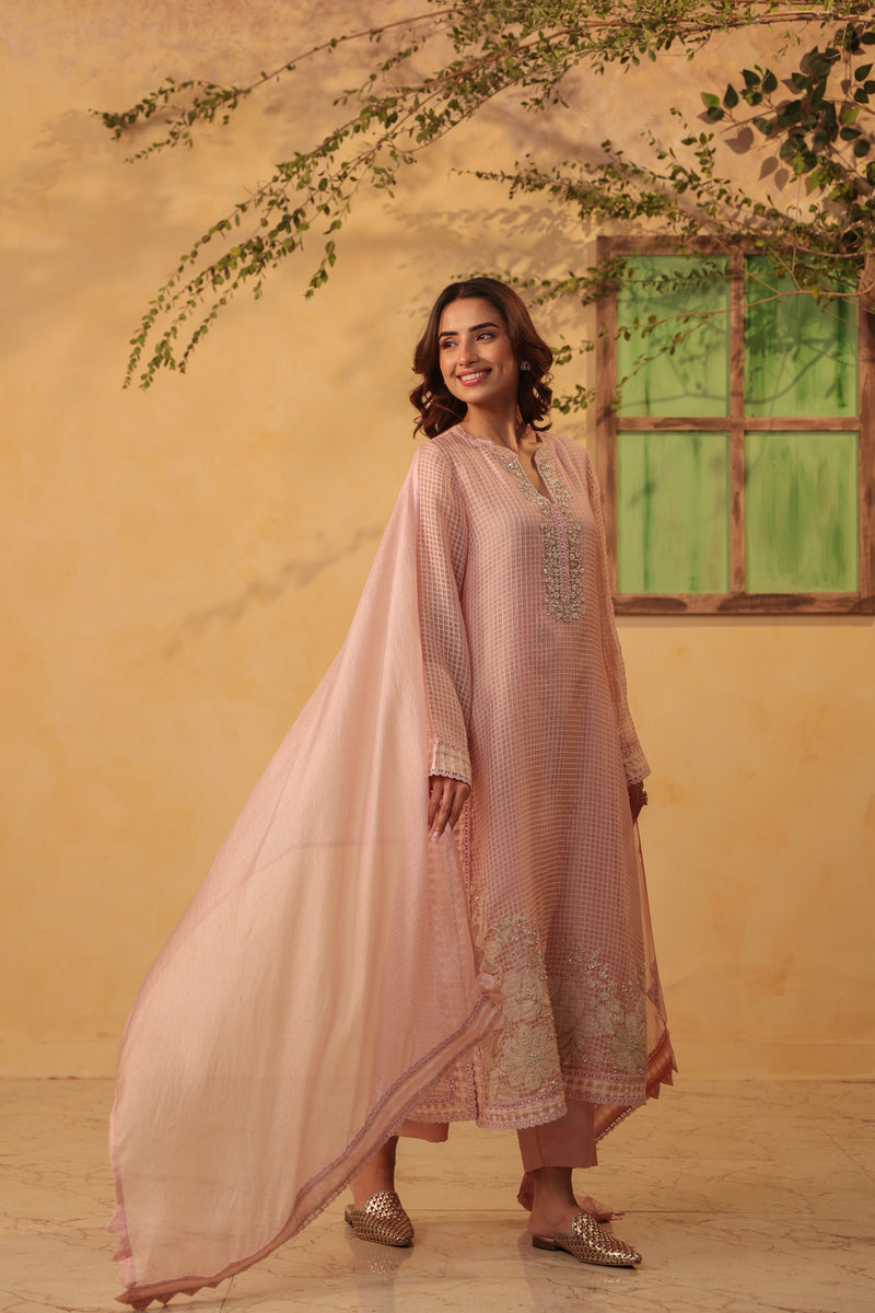 Vaayu Light Pink Straight Long Kurta Set silk chanderi , silk tencel kurta/kurta set by Niti Bothra in light pink for women Worldwide