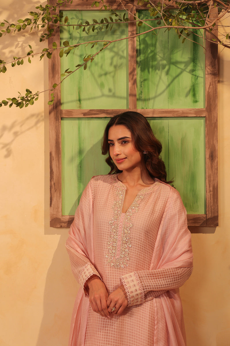 Vaayu Light Pink Straight Long Kurta Set silk chanderi , silk tencel kurta/kurta set by Niti Bothra in light pink for women Worldwide