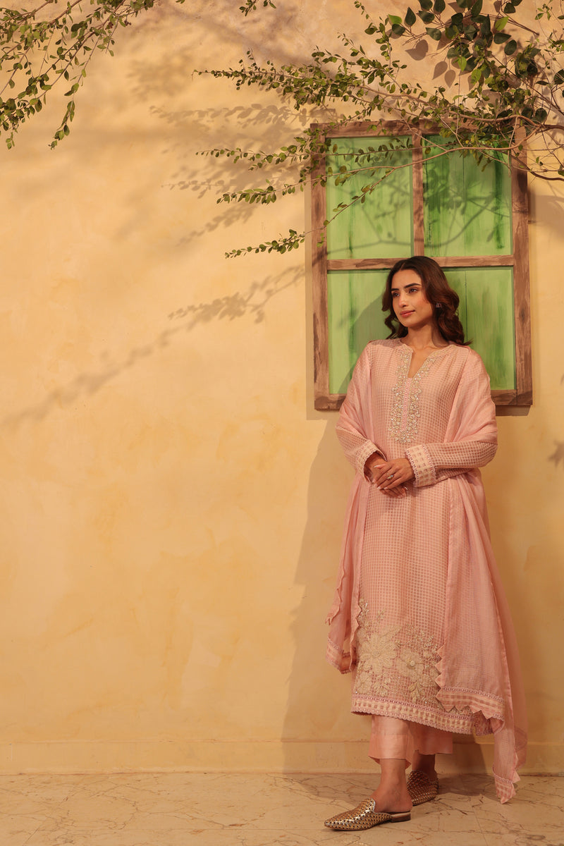 Vaayu Light Pink Straight Long Kurta Set silk chanderi , silk tencel kurta/kurta set by Niti Bothra in light pink for women Worldwide