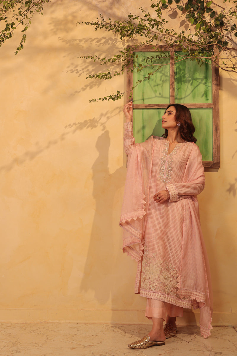 Vaayu Light Pink Straight Long Kurta Set silk chanderi , silk tencel kurta/kurta set by Niti Bothra in light pink for women Worldwide