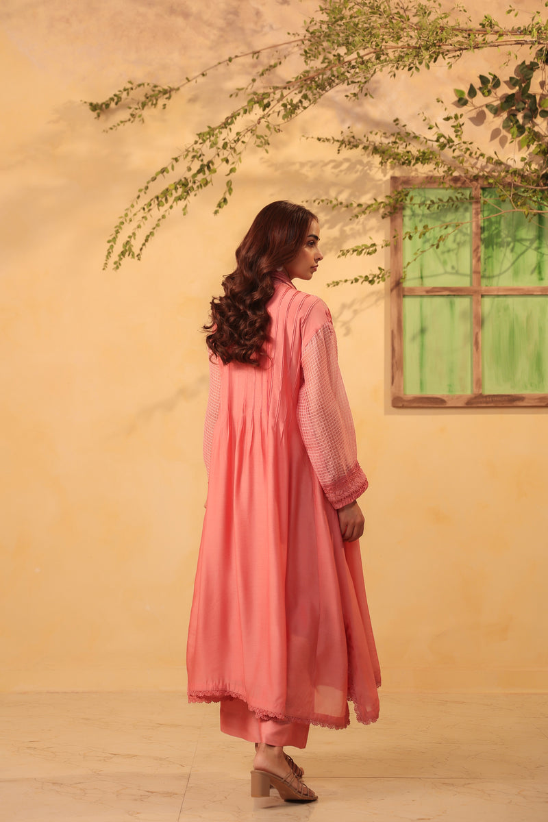 Vaayu Pink Pintuck Collar Kurta Set silk chanderi , silk tencel kurta/kurta set by Niti Bothra in pink for women Worldwide