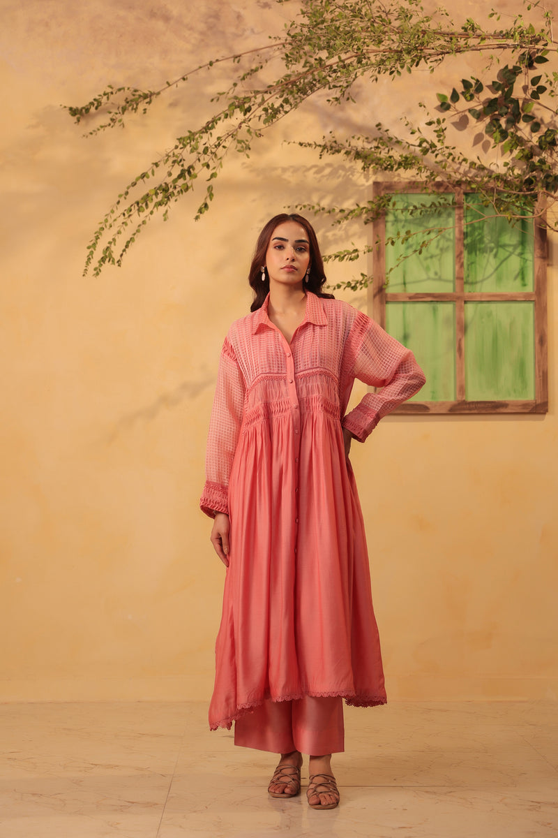 Vaayu Pink Pintuck Collar Kurta Set silk chanderi , silk tencel kurta/kurta set by Niti Bothra in pink for women Worldwide