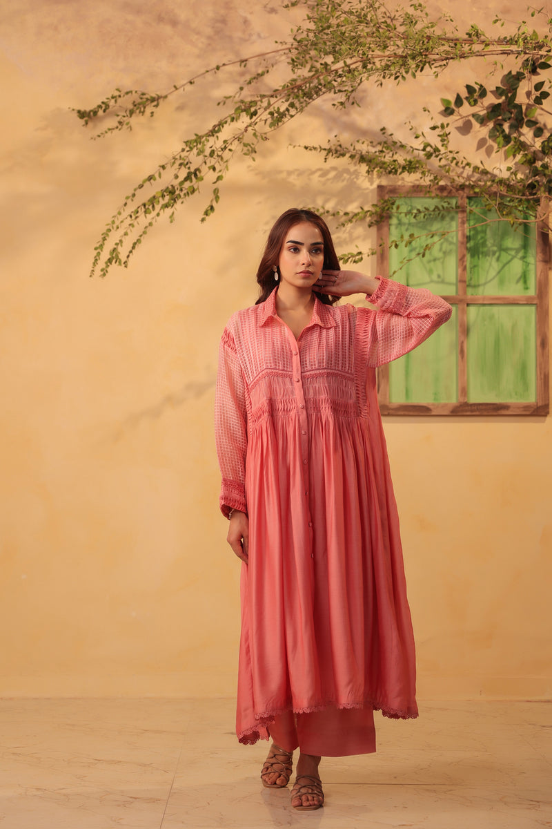 Vaayu Pink Pintuck Collar Kurta Set silk chanderi , silk tencel kurta/kurta set by Niti Bothra in pink for women Worldwide