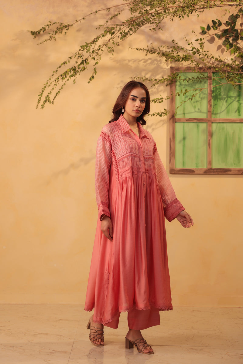 Vaayu Pink Pintuck Collar Kurta Set silk chanderi , silk tencel kurta/kurta set by Niti Bothra in pink for women Worldwide