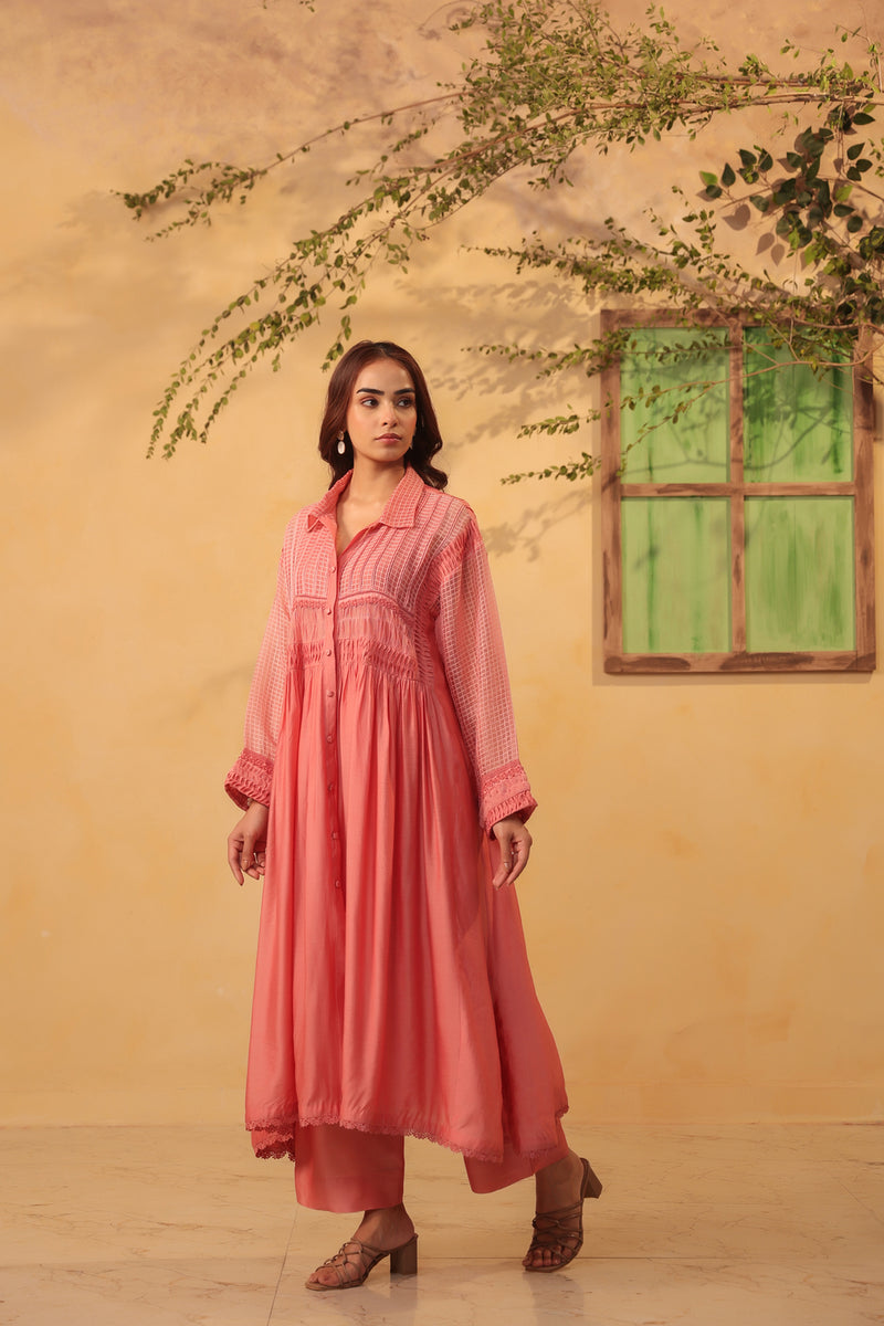 Vaayu Pink Pintuck Collar Kurta Set silk chanderi , silk tencel kurta/kurta set by Niti Bothra in pink for women Worldwide