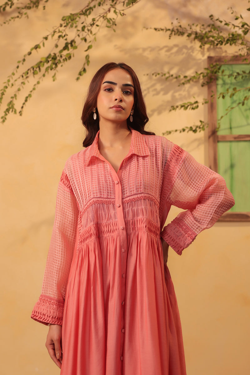 Vaayu Pink Pintuck Collar Kurta Set silk chanderi , silk tencel kurta/kurta set by Niti Bothra in pink for women Worldwide