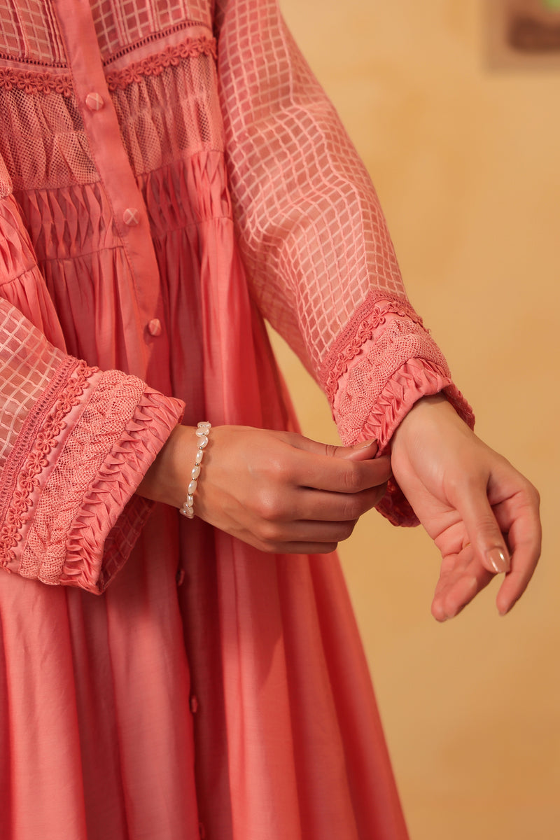 Vaayu Pink Pintuck Collar Kurta Set silk chanderi , silk tencel kurta/kurta set by Niti Bothra in pink for women Worldwide