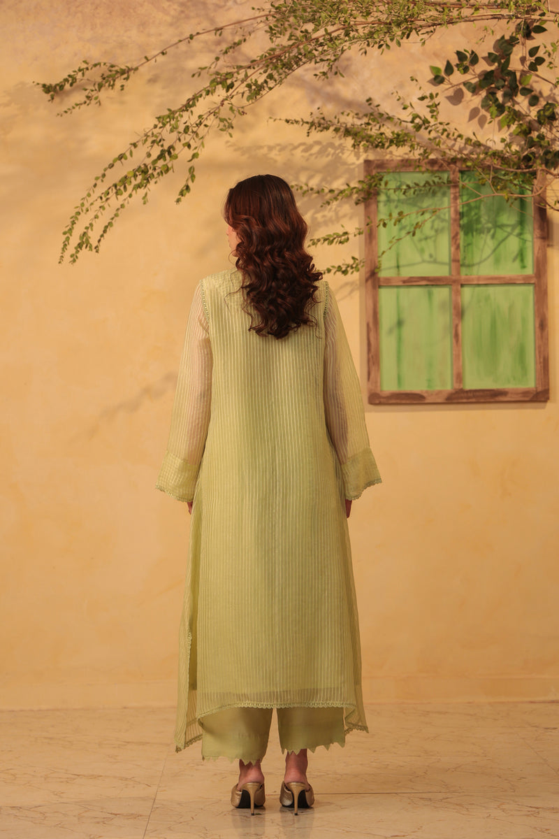 Vaayu Green Applique Yoke Kurta Set silk chanderi , silk tencel kurta/kurta set by Niti Bothra in green for women Worldwide